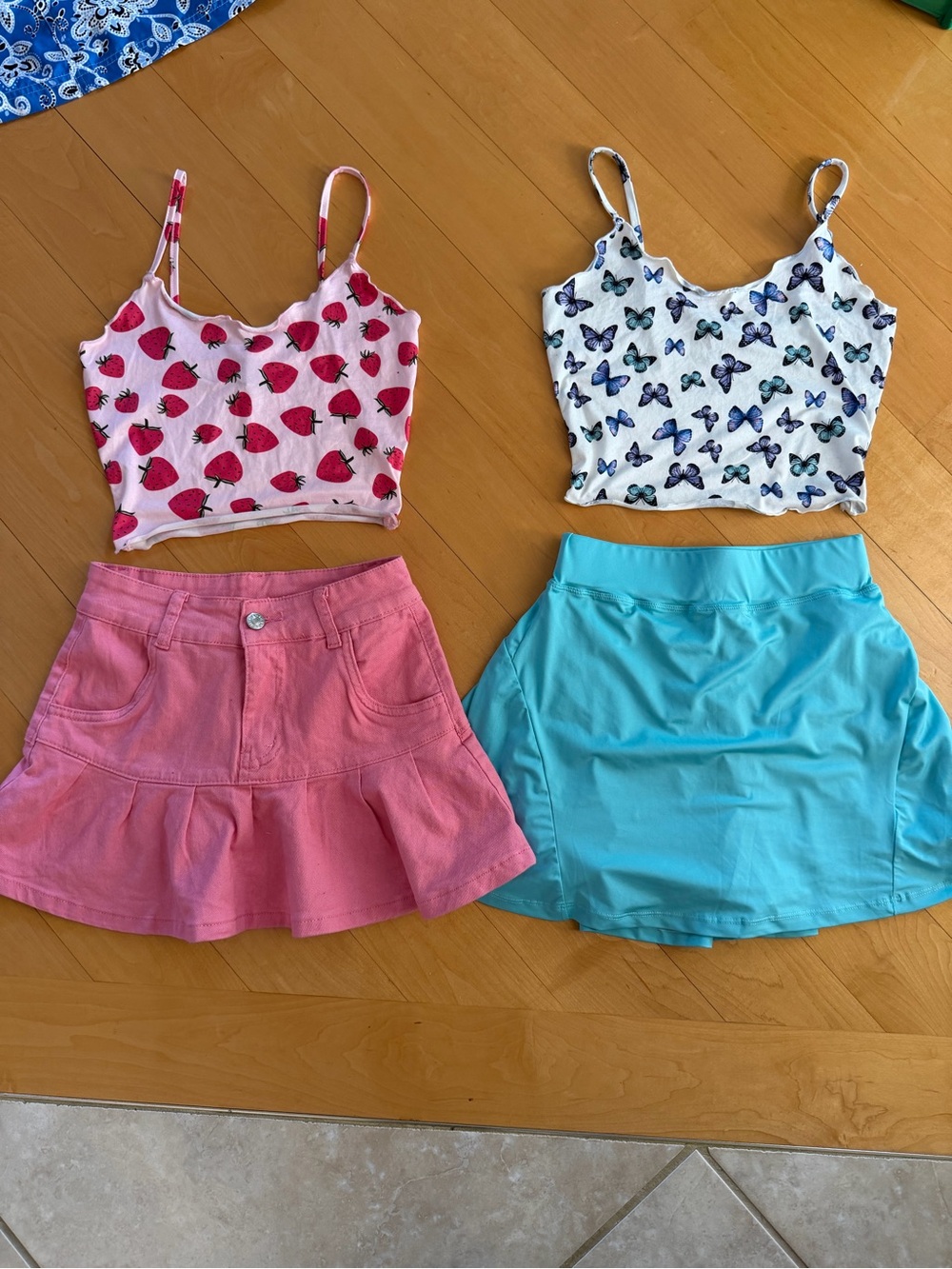 Cute Strawberry & Butterfly Crop Tops with Pink and Teal Skirts set of 4 pieces